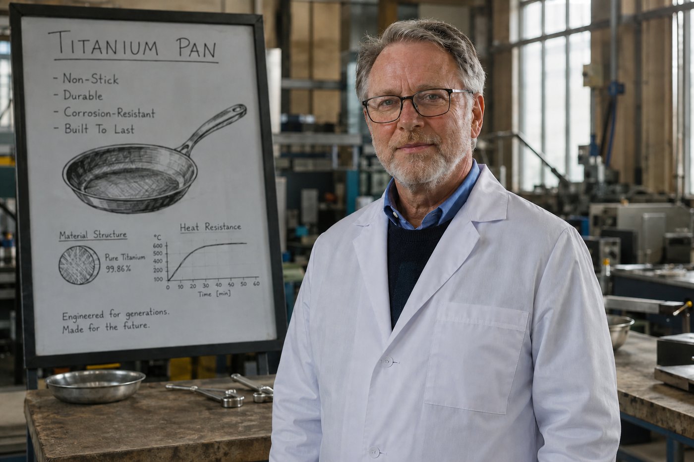 Engineer beside a whiteboard detailing pure titanium pan construction, material structure and heat resistance